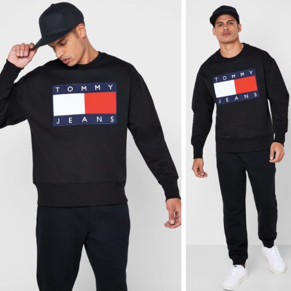 Tommy Hilfiger Tommy Jeans Sweatshirt Crewneck Flag Logo Applique Black Large - Picture 10 of 17